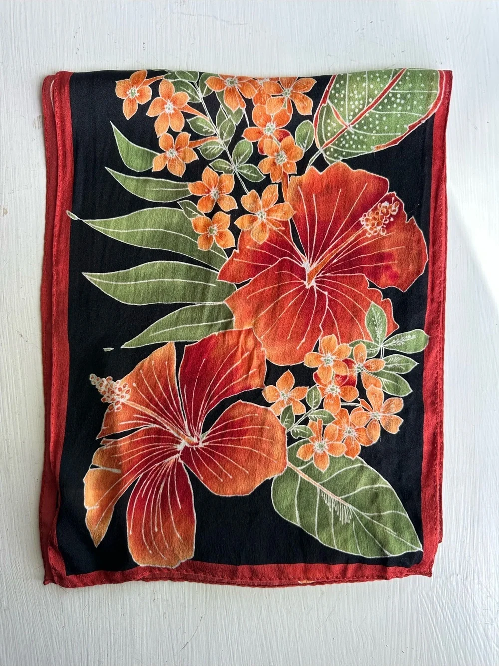 Jones New York Tropical Hibiscus Silk Oblong Scarf Black Red Floral Wrap Resort